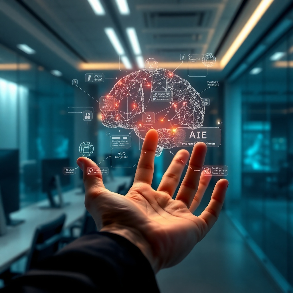 A photorealistic image depicting a human hand interacting with a holographic AI interface, represented by glowing neural networks. The interface provides data and suggestions. The background is a sleek, modern office setting. The lighting is soft and futuristic. 4K resolution.