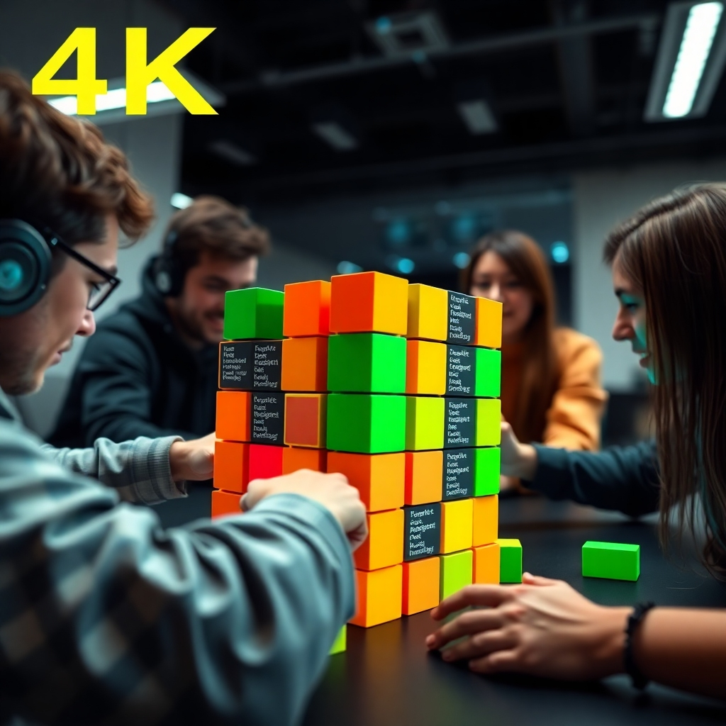A photorealistic image depicting a team of developers collaboratively building a digital structure with interlocking blocks of code. The blocks are brightly colored and fit together seamlessly. The scene is set in a modern office environment. The camera angle is close-up, highlighting the teamwork and precision involved. 4K resolution.
