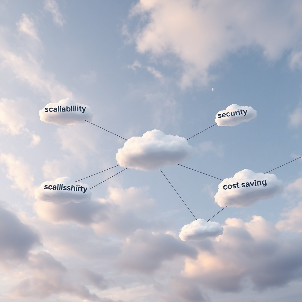 A photorealistic image depicting a network of interconnected clouds in the sky, each labeled with different aspects of cloud optimization, such as 'scalability', 'security', and 'cost savings'. The clouds are illuminated with soft, natural light. The perspective is from below, looking up at the expansive network. The overall mood is serene and promising. 4K resolution.