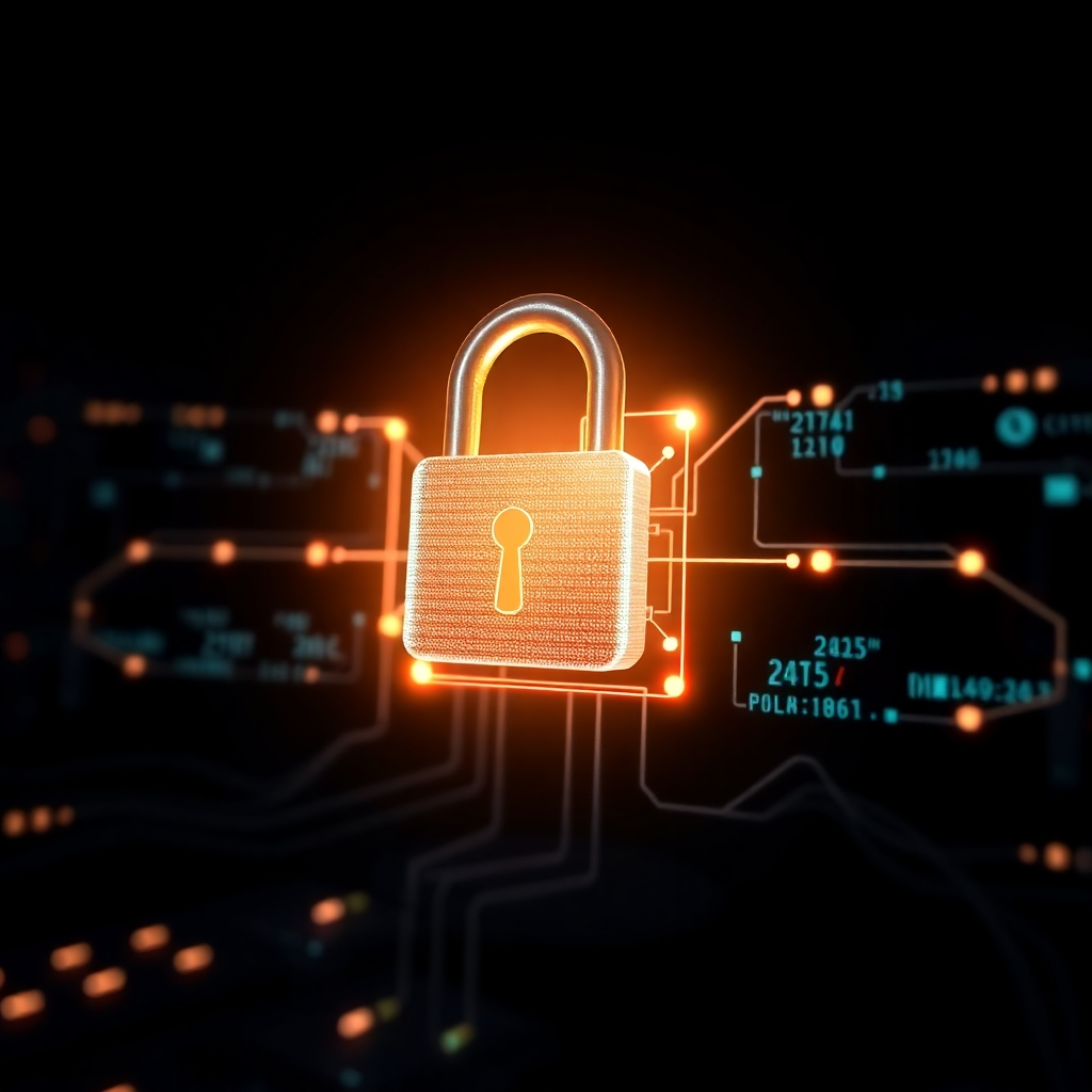 A photorealistic image depicting a digital lock safeguarding a glowing network of computers, symbolizing data protection and cybersecurity. The lock is rendered with intricate detail and emits a subtle glow. The background is dark and ominous, representing cyber threats. 4K resolution.