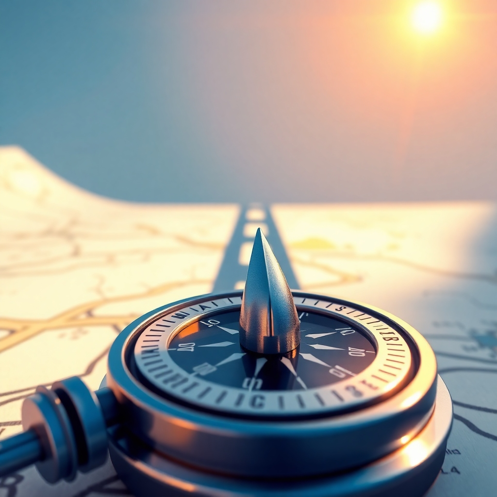 A photorealistic image showing a compass pointing towards a bright horizon, with a road map subtly visible in the background. The compass is made of high-quality metal and reflects the surrounding environment. The lighting is warm and inviting. The overall mood is optimistic and forward-looking. 4K resolution.