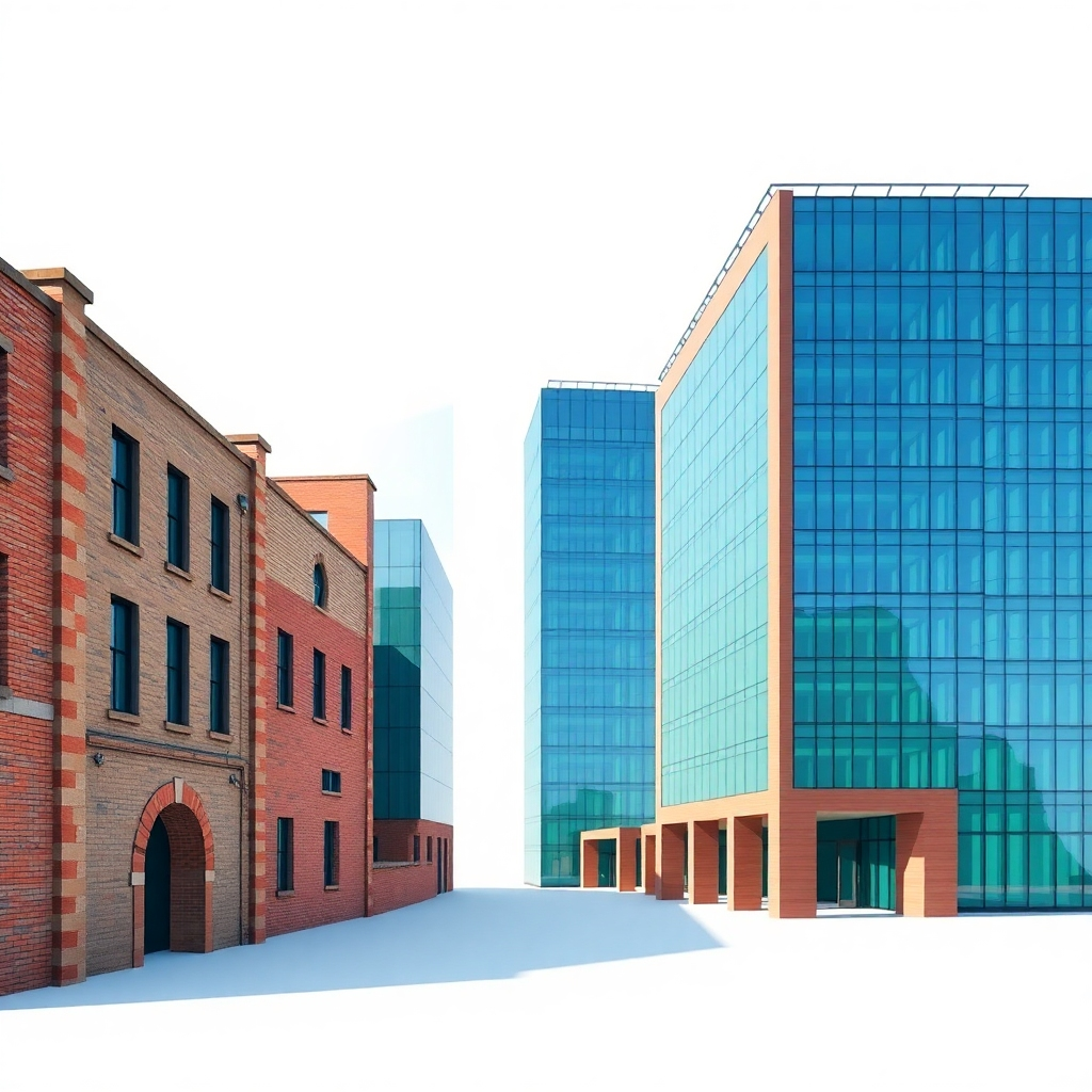 A stylized image illustrating the transformation of old, brick-like structures into sleek, modern glass buildings. The transition should be smooth and visually appealing. The color palette moves from muted earth tones to vibrant blues and greens. The style is clean and minimalist, emphasizing the contrast between old and new. 4K resolution.