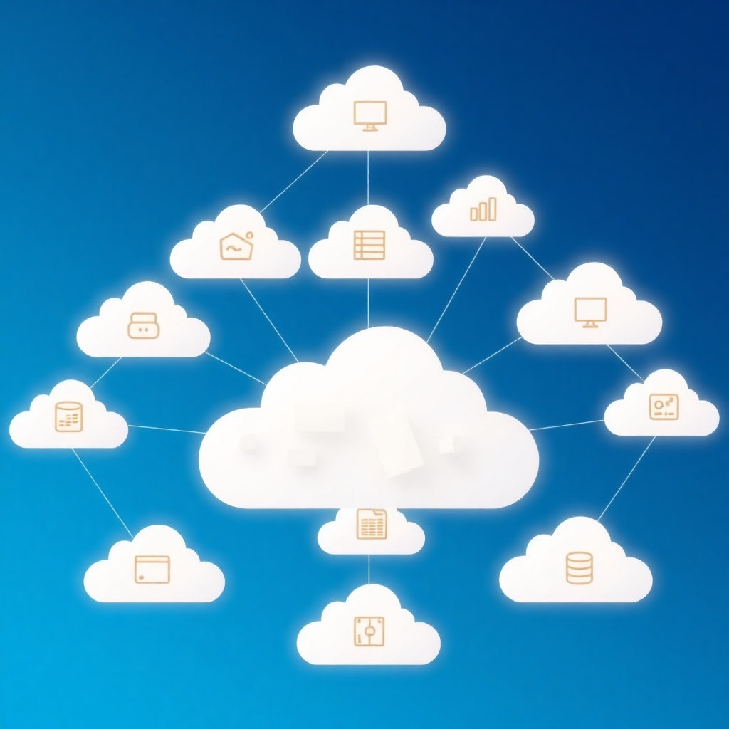A stylized image of a network of interconnected clouds, each containing different icons representing cloud services, such as storage, computing, and databases. The clouds are rendered with a soft, ethereal glow. The background is a deep blue sky. The style is modern and minimalist. 4K resolution.