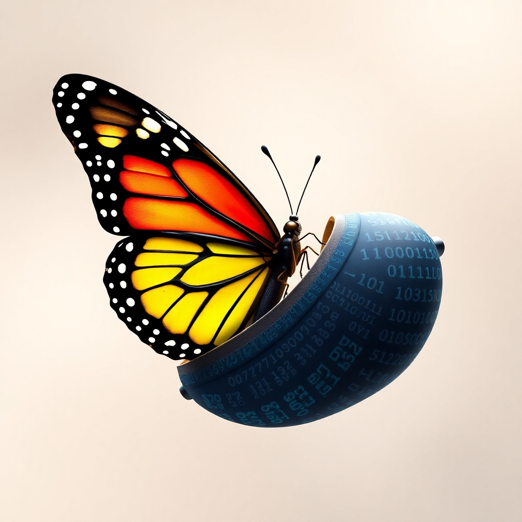 A stylized image representing a butterfly emerging from a chrysalis made of computer code, symbolizing digital transformation and growth. The butterfly is vibrant and colorful, while the chrysalis has a metallic, technical appearance. The background is a soft, blurred gradient. The style is elegant and symbolic. 4K resolution.