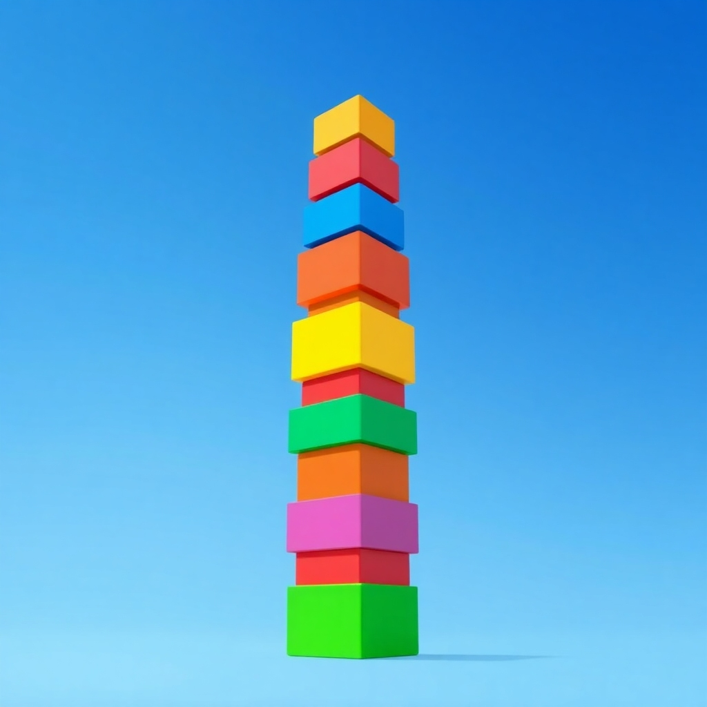 A stylized image showing a tower built of interconnected blocks, gradually increasing in height and stability. The blocks are bright and colorful. The background is a clear blue sky, symbolizing unlimited potential. The style is minimalist and optimistic. 4K resolution.